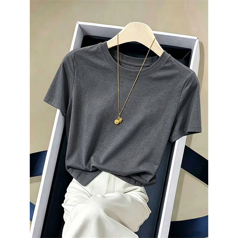 Women’s crewneck short-sleeve T-shirt in dark gray with draped neckline detail