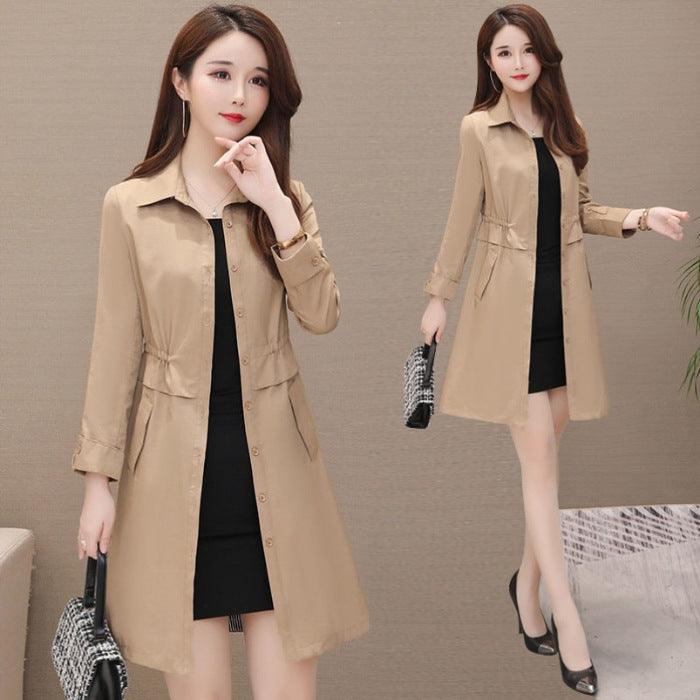 Beige khaki loose coat with collar and button-front, patch pockets, knee-length hem