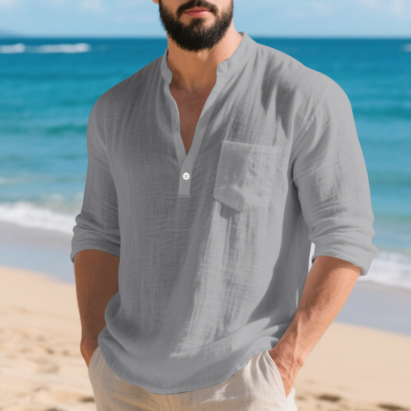 Men's gray linen long-sleeve henley shirt with chest pocket and 2-button placket