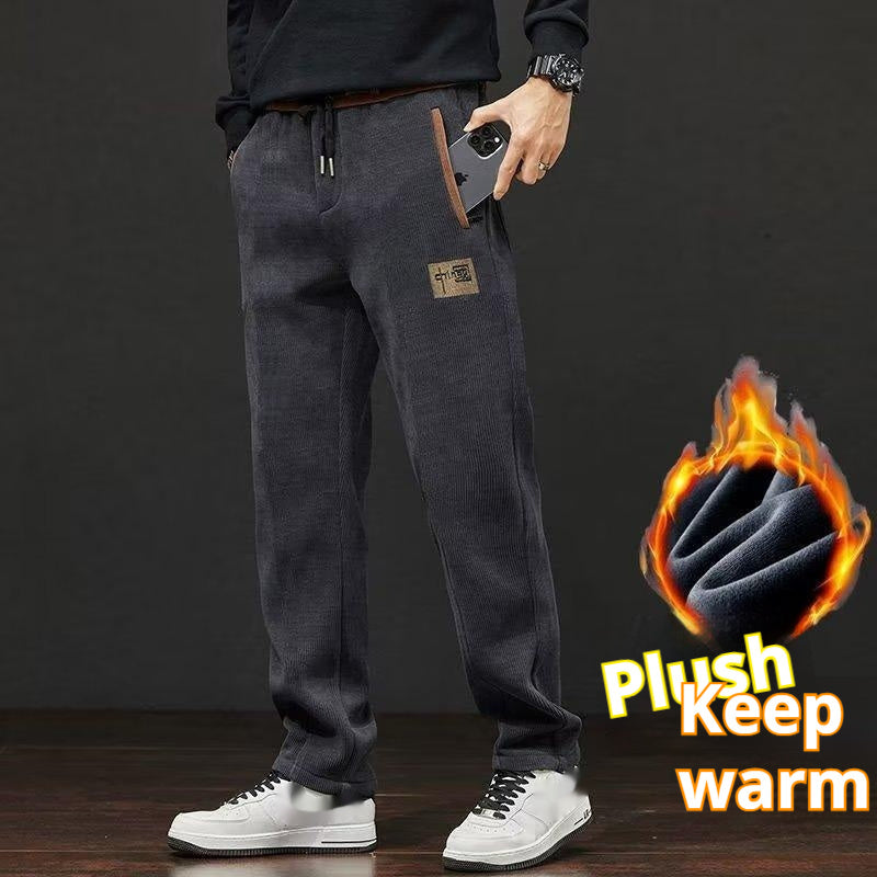 Dark gray corduroy velvet loose trousers with drawstring, patch pocket, cuffed hems