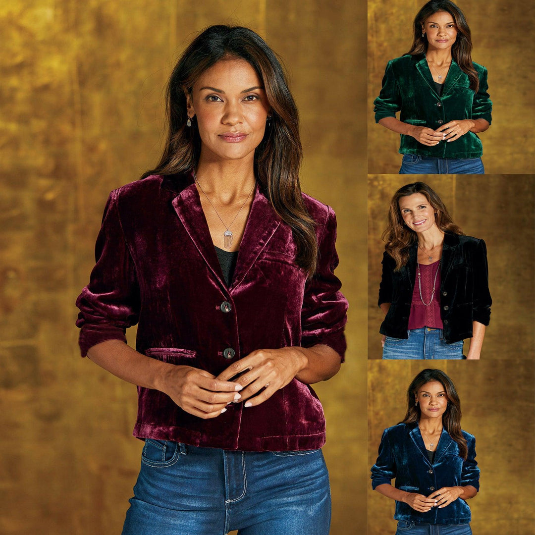 Women's retro lapel coat in wine red velvet, button-front, long sleeves
