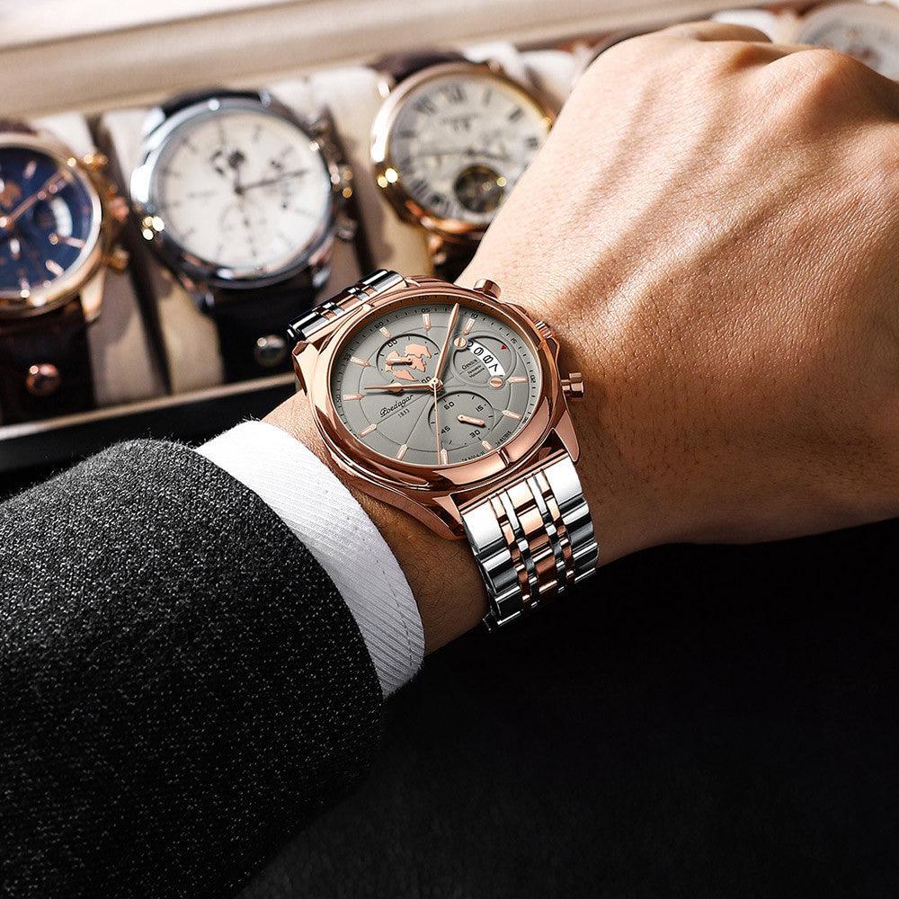 Men's waterproof quartz watch with rose-gold case and stainless-steel link bracelet