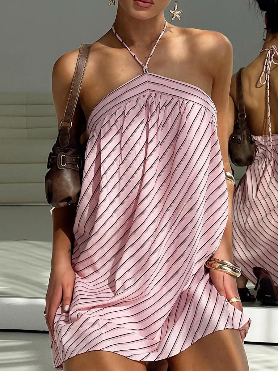 Pink striped halter backless mini dress with draped front and flared skirt