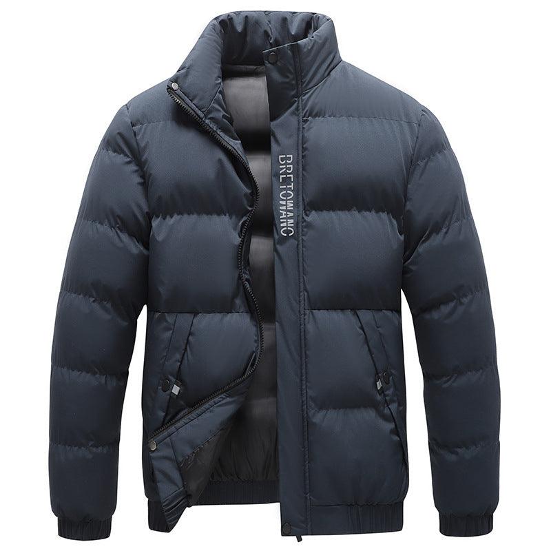 Men's padded down jacket in dark blue, full-zip with hood and quilted baffles