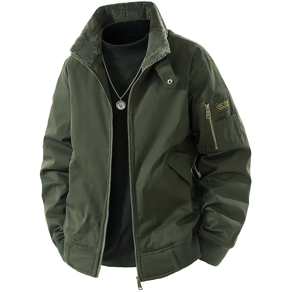 Men's loose extra-thick fleece-lined casual jacket in black, khaki and army green – photo 1 of 8