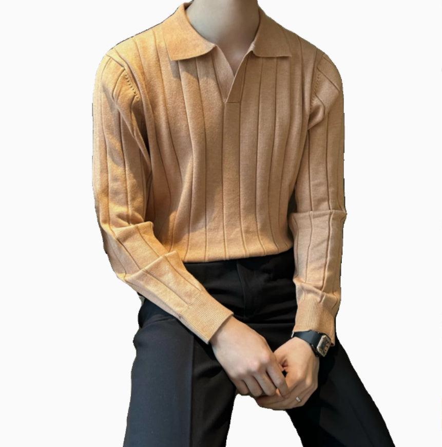 Light yellow brown striped V-neck long-sleeve T-shirt, front view