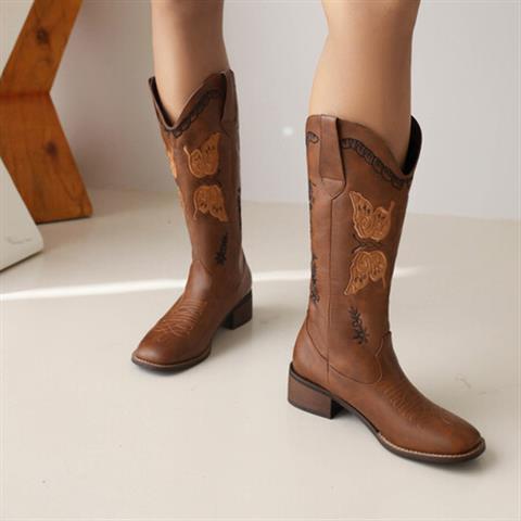 Embroidered Square Toe Mid-heel Boots For Women - WOMONA.COM