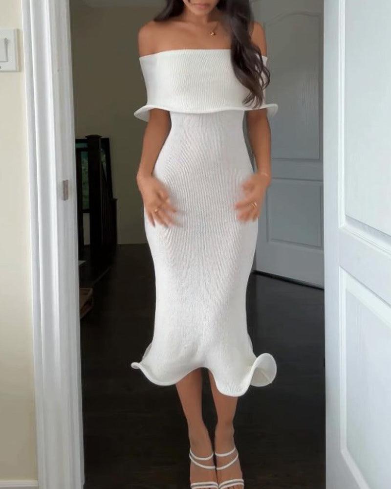 Off-neck Slim-fit Sexy Sleeveless Solid Color Dress - WOMONA.COM