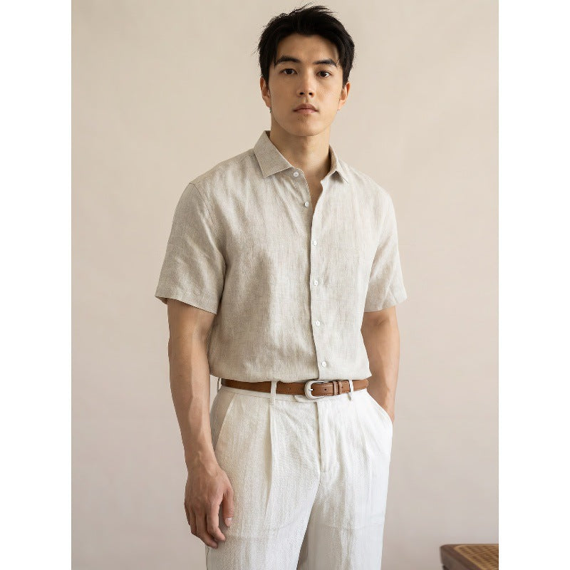 Mens short-sleeve button-up shirt, cream color, relaxed fit, front view
