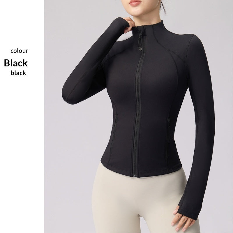 Black long-sleeve fitness top jacket with full front zipper and high collar