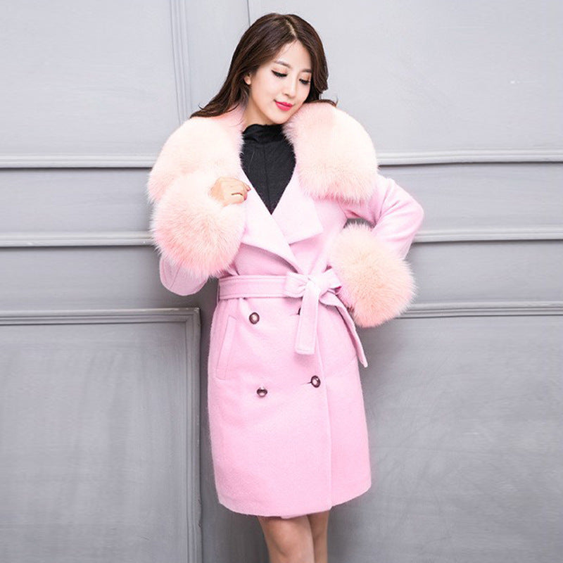 Big Fur Collar Warm Mid-length With Belt Coat