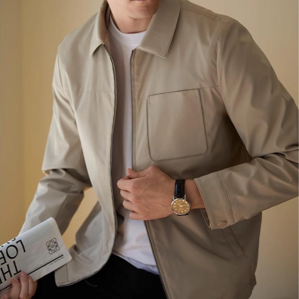 Beige zip-up casual jacket with notch lapels, front pocket, fleece lining