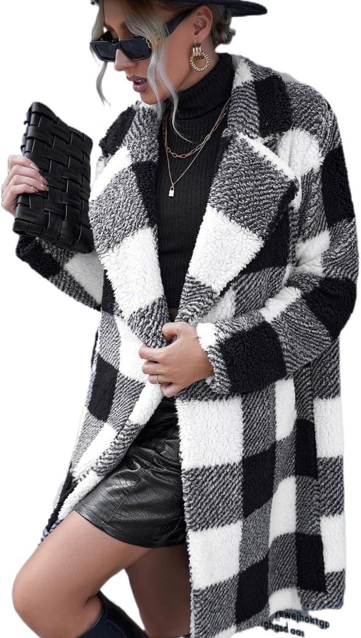 Black-and-white plaid long coat with notched lapels and textured fabric, front view