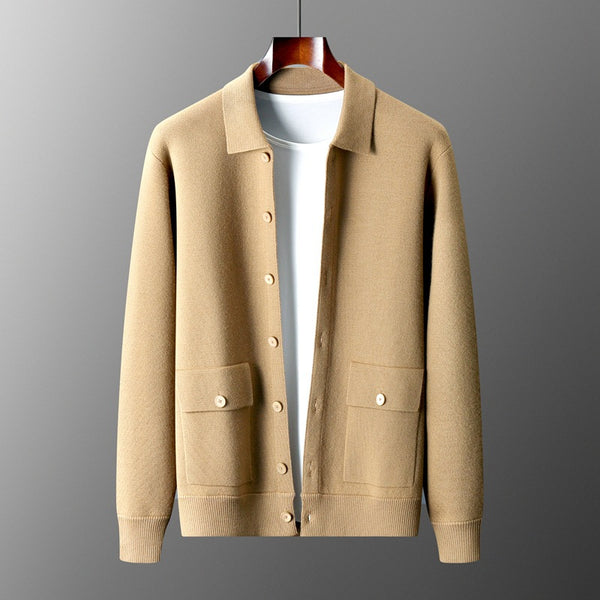 Men's Polo Collar Solid Color Wool Cardigan - WOMONA.COM