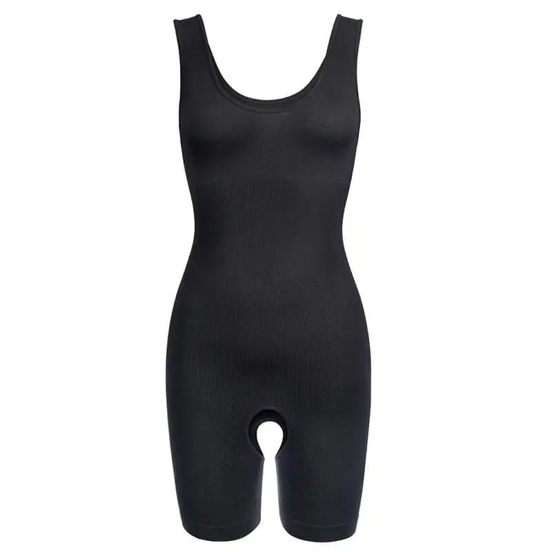 Black sleeveless open-crotch shapewear bodysuit with short legs and scoop neckline