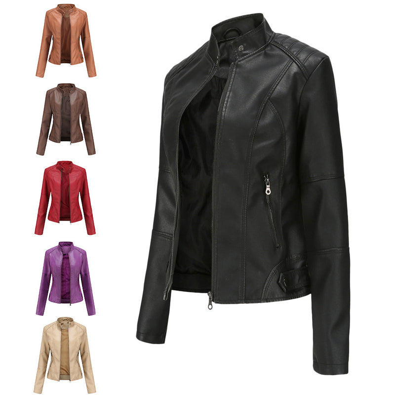 Biker Oversized Stand Collar Leather Jacket - WOMONA.COM