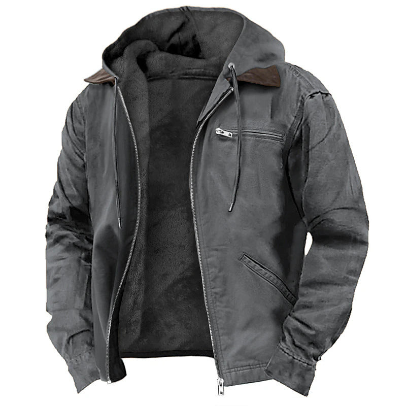 Men's long hooded zip-up pocket coat