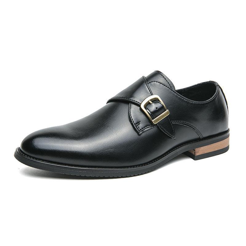Men's black leather slip-on dress shoe with metal buckle strap and low heel