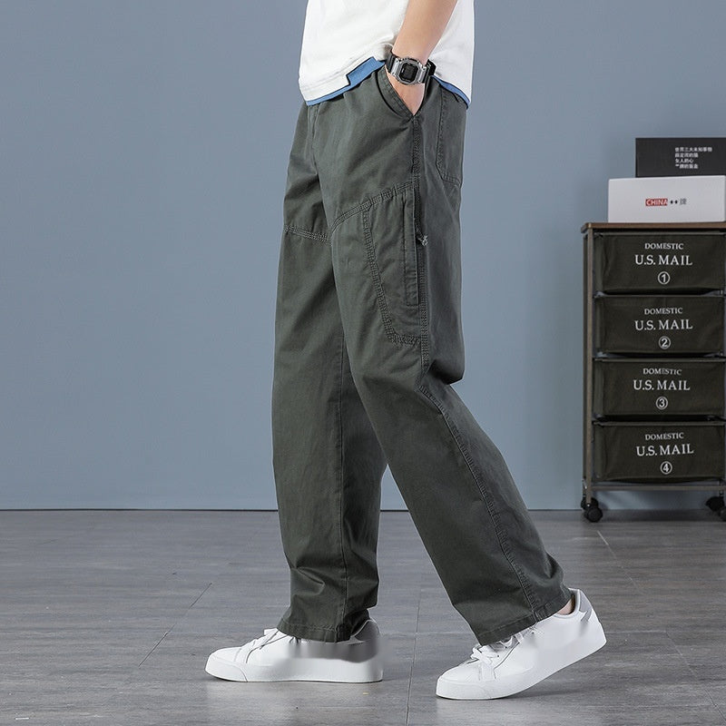 Army green cargo pants with elastic waist and flap side pockets