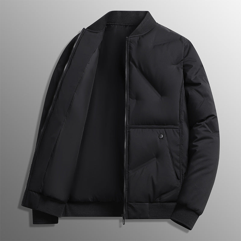 Black padded cotton jacket with stand-up collar, full zipper, two chest pockets