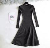 Round Neck Knitted Long Sleeve A- Line Dress Winter Warm Skirt - WOMONA.COM