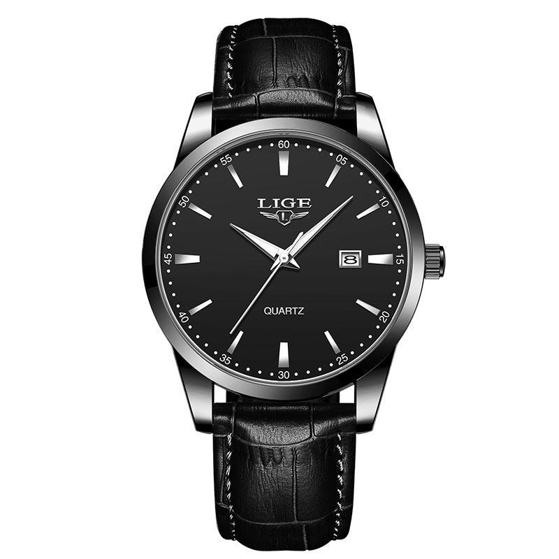 LIGE waterproof leather strap quartz watch with silver case, black dial, black leather strap