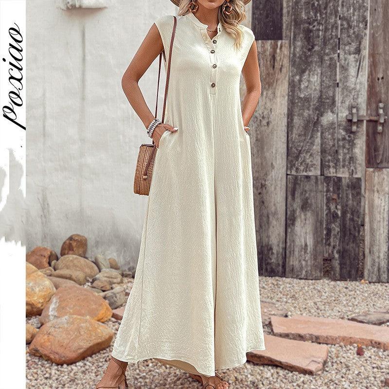 Women's light apricot sleeveless button-front jumpsuit, long wide-leg silhouette