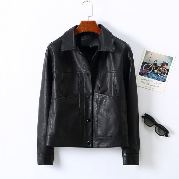 Women's Lapel Short Small Leather Coat - WOMONA.COM