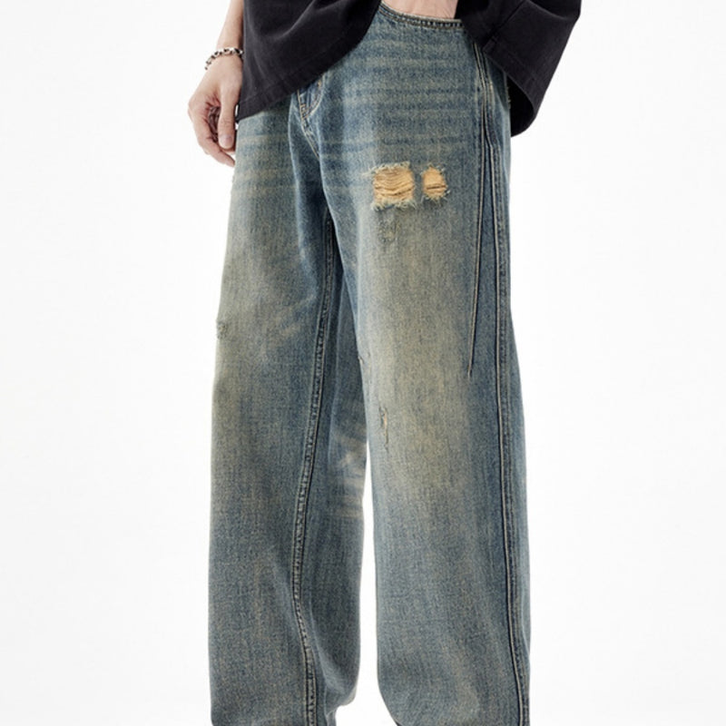 Men's American-style Retro Wide Leg Ripped Jeans - WOMONA.COM