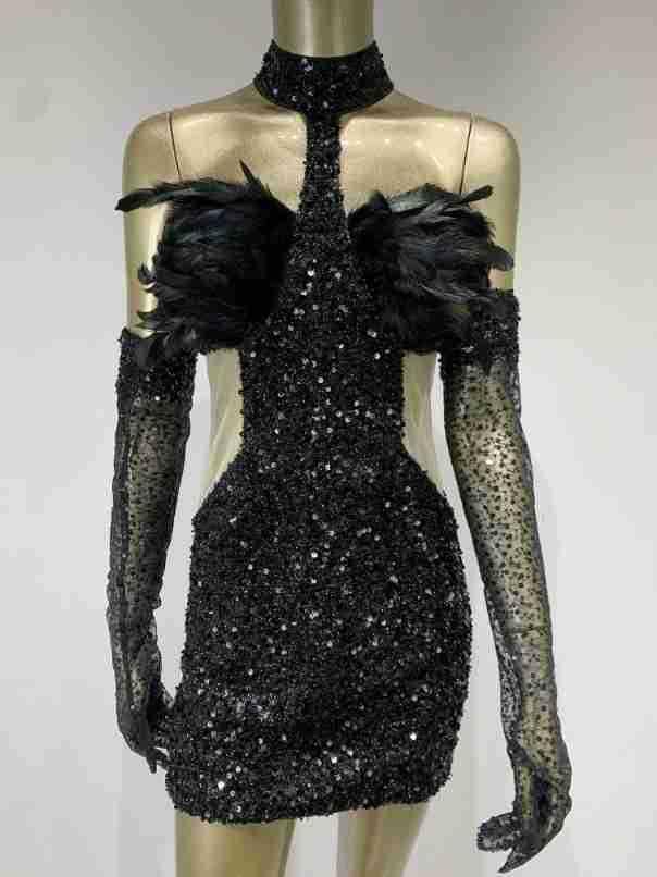 Dress Halter Feather Sequins Short Hip Skirt With Gloves Dress - WOMONA.COM