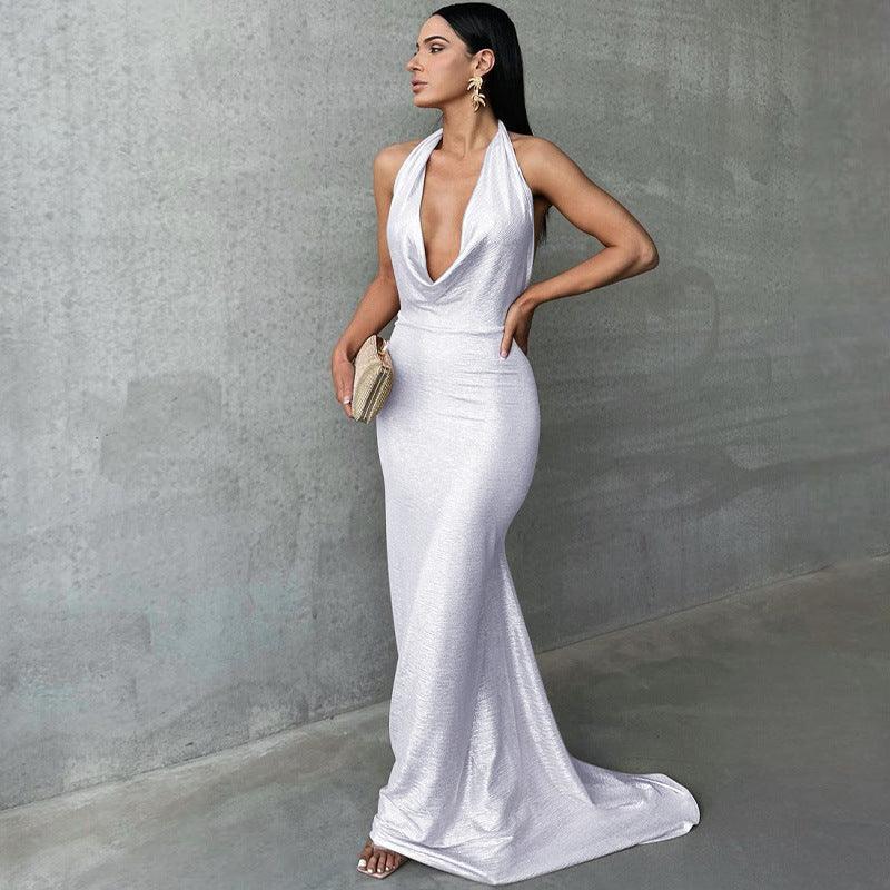 Backless Pleated Neck Hanging Dress - WOMONA.COM