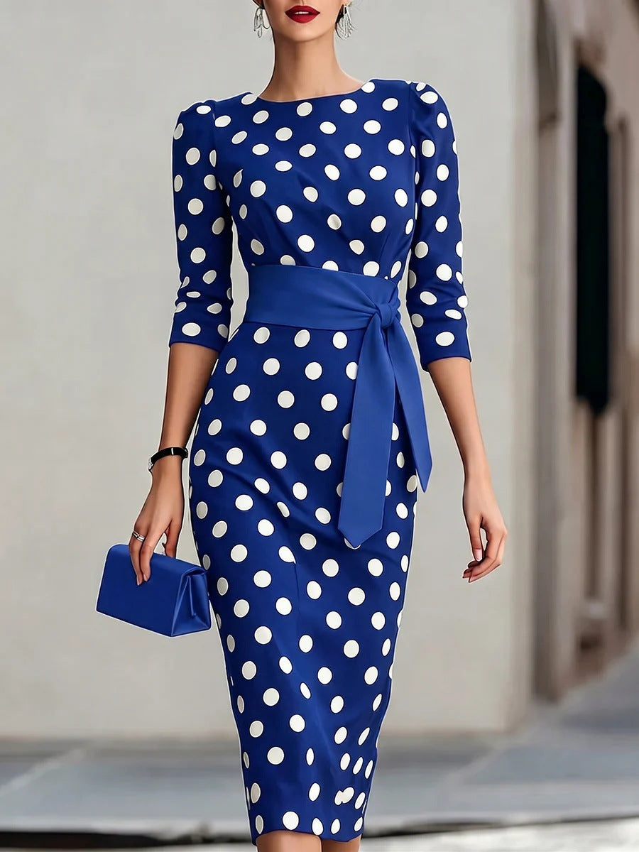 Women's polka-dot tie-waist bodycon midi dress