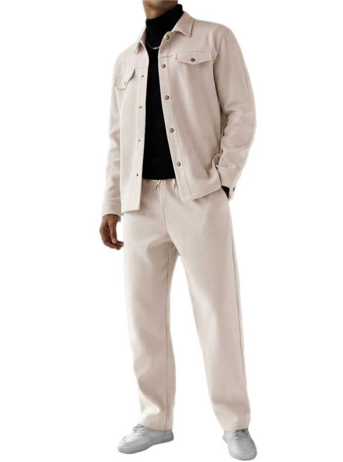 Men's light taupe jacket and loose-fit trouser set with patch pockets and button placket