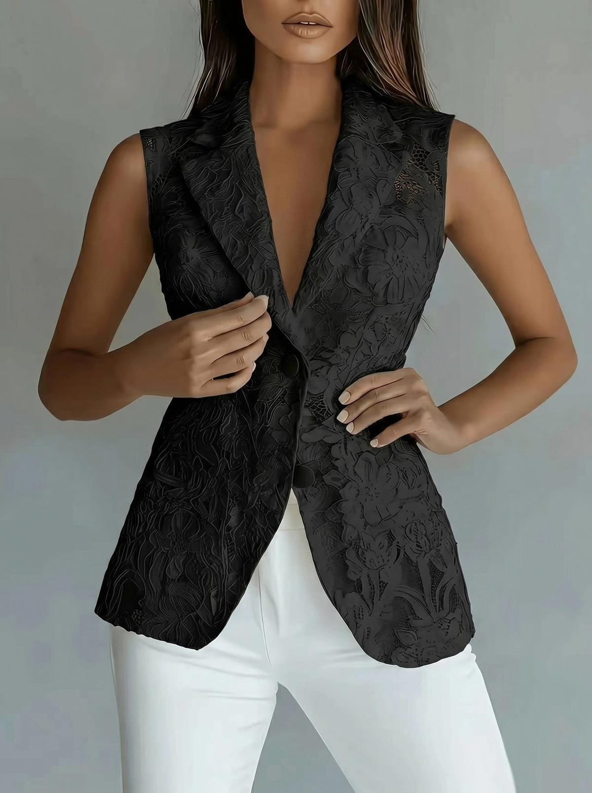 Black sleeveless V-neck patterned vest with single-breasted front and tailored fit