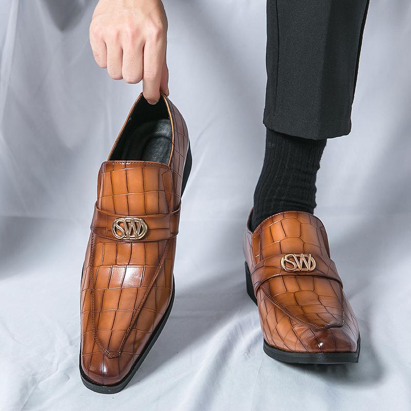 Brown croc-textured pointed slip-on loafers with gold logo strap detail