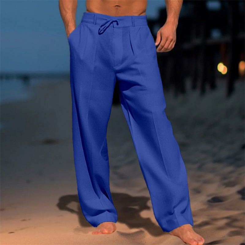 Men's royal-blue drawstring lounge pants with elastic waistband and straight legs.