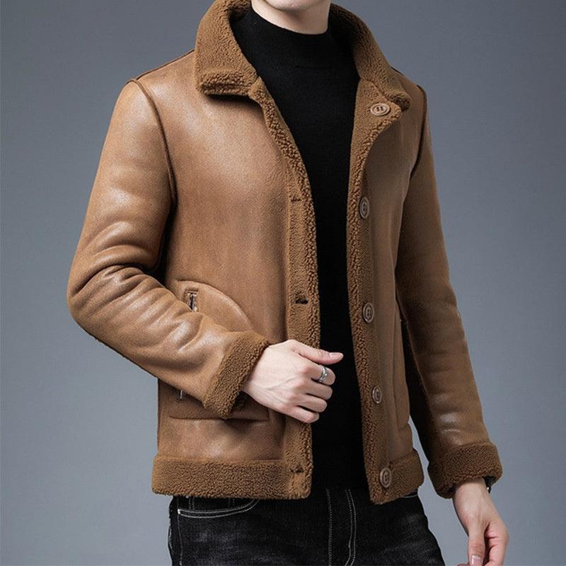 Men’s double-sided fleece jacket in tan-brown with button front and sherpa lining