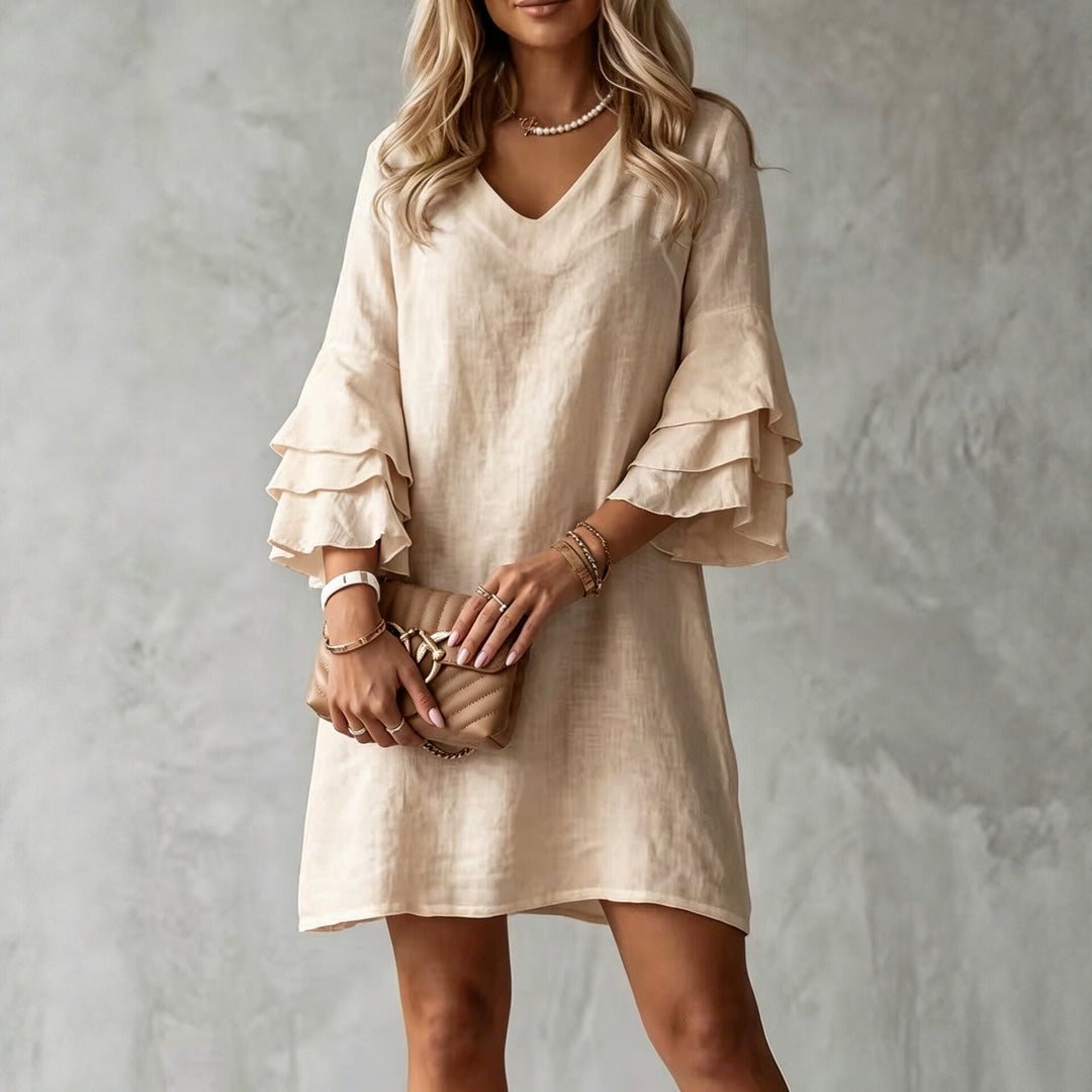 Apricot V-neck casual dress with tiered flared ruffle sleeves, above-knee hem
