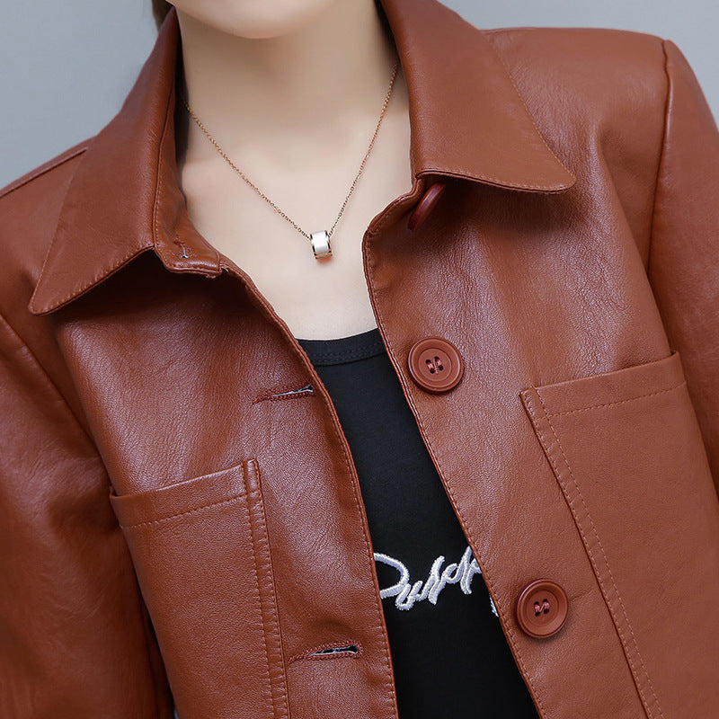 Leather Jacket Slim Slimming Ladies Motorcycle - WOMONA.COM