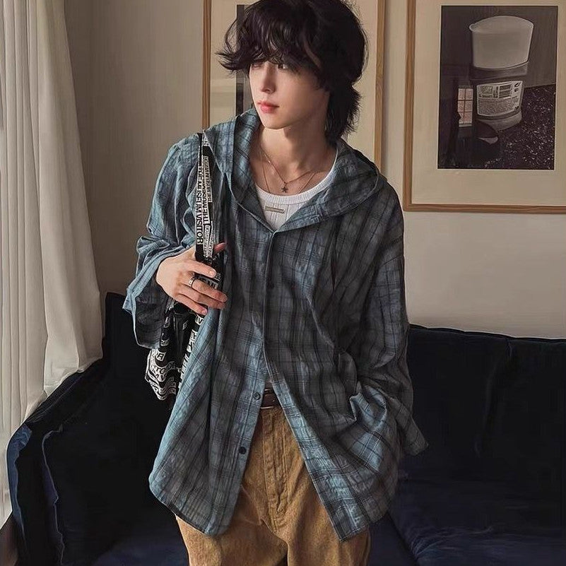 Mens hooded plaid sun shirt, blue-gray with button front and long sleeves.