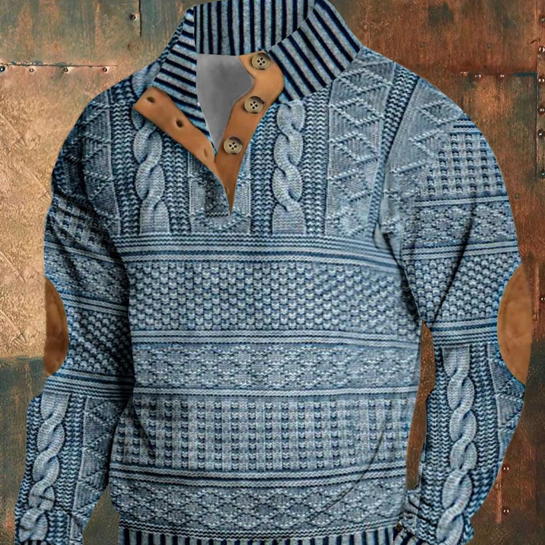 Men's blue patterned pullover sweatshirt with buttoned mock neck and cable print
