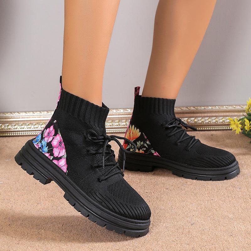 Flowers Print Sock Boots Knitted Mesh Shoes - WOMONA.COM