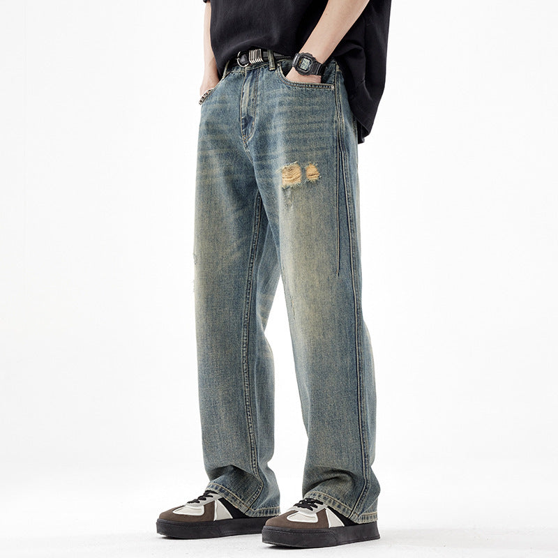 Men's American-style Retro Wide Leg Ripped Jeans - WOMONA.COM