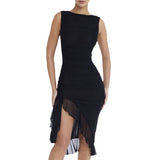 Women's Round Neck Sleeveless Waist Irregular Mesh Dress - WOMONA.COM