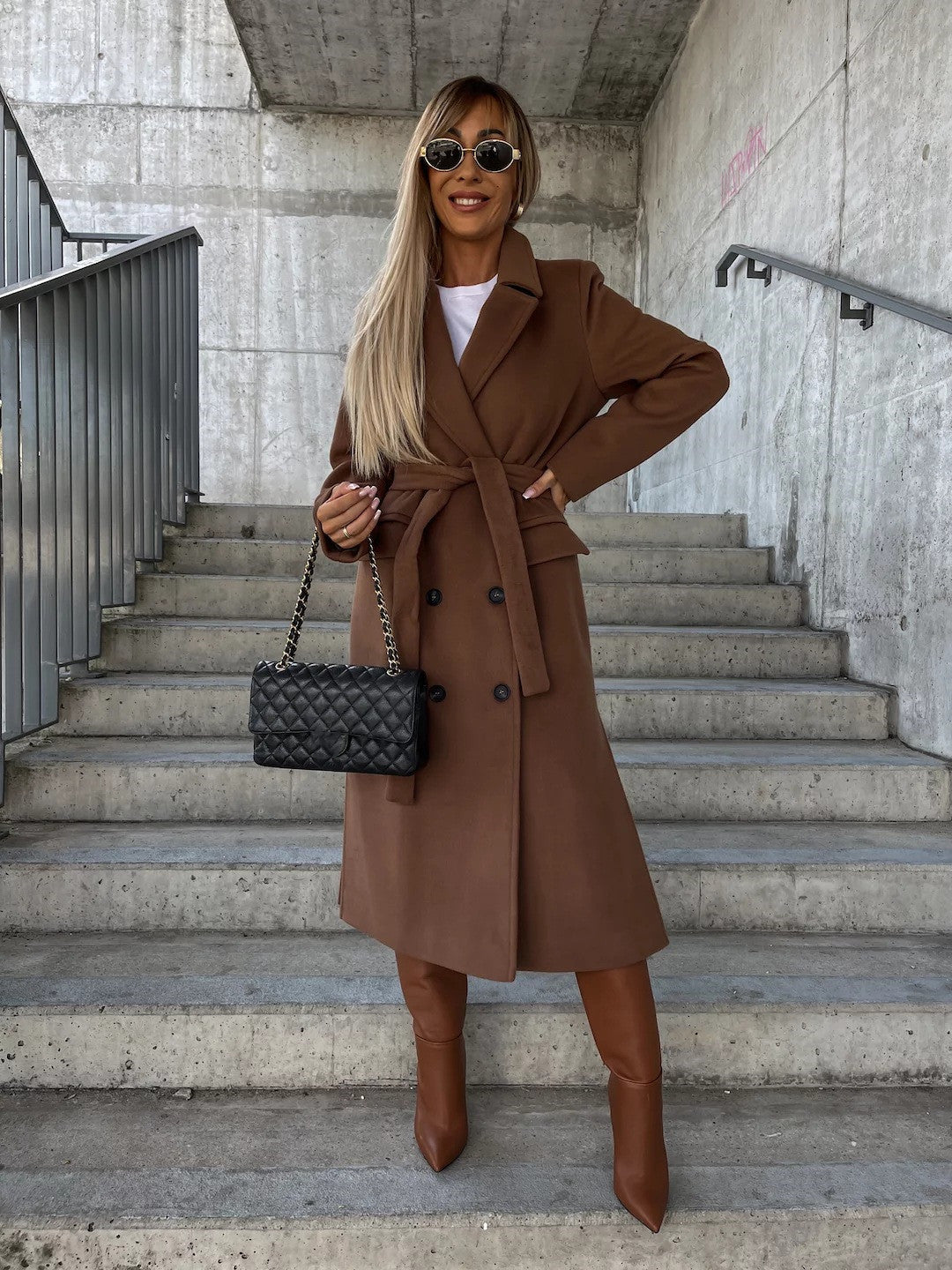 Women's double-breasted belt-detail long coat
