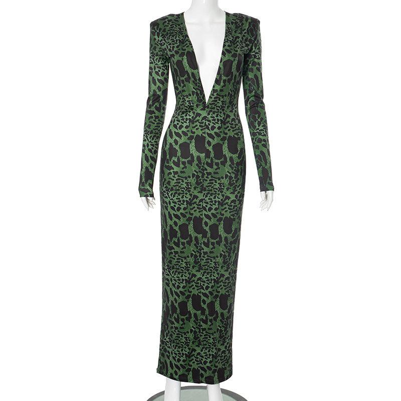 Green leopard-spot deep V fitted maxi dress on mannequin with long sleeves
