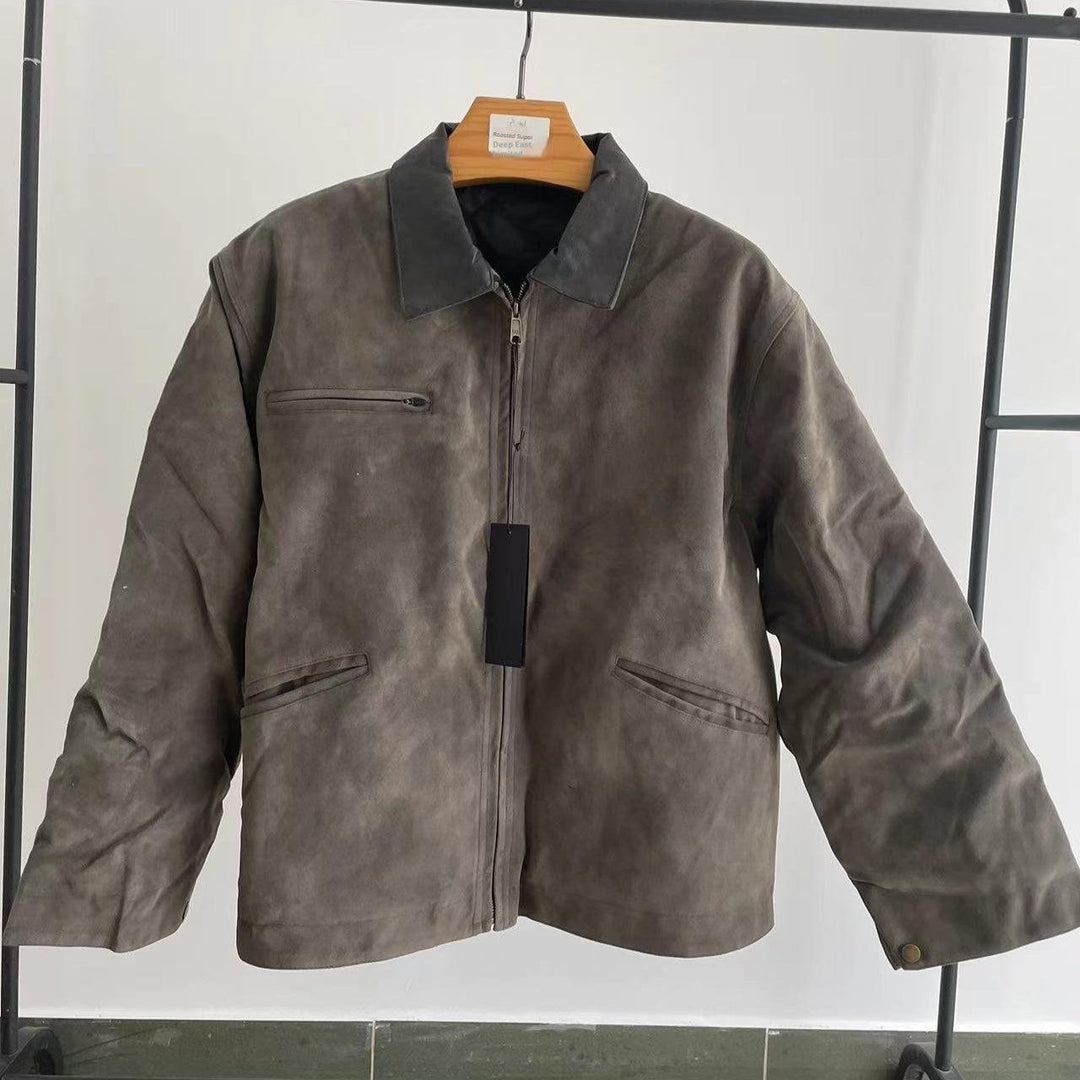 Men's gray washed zip jacket with stand collar, front zipper, chest pockets