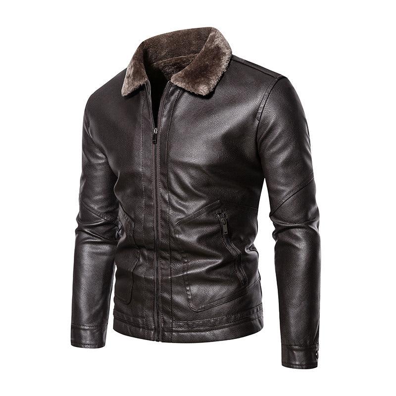Black leather zip-up jacket with shearling-trim collar and cuff details