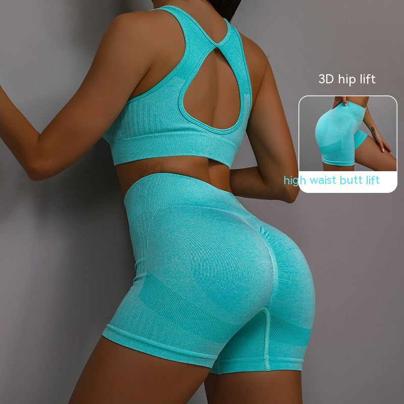Turquoise sports bra and high-waist shorts set, back view, racerback straps