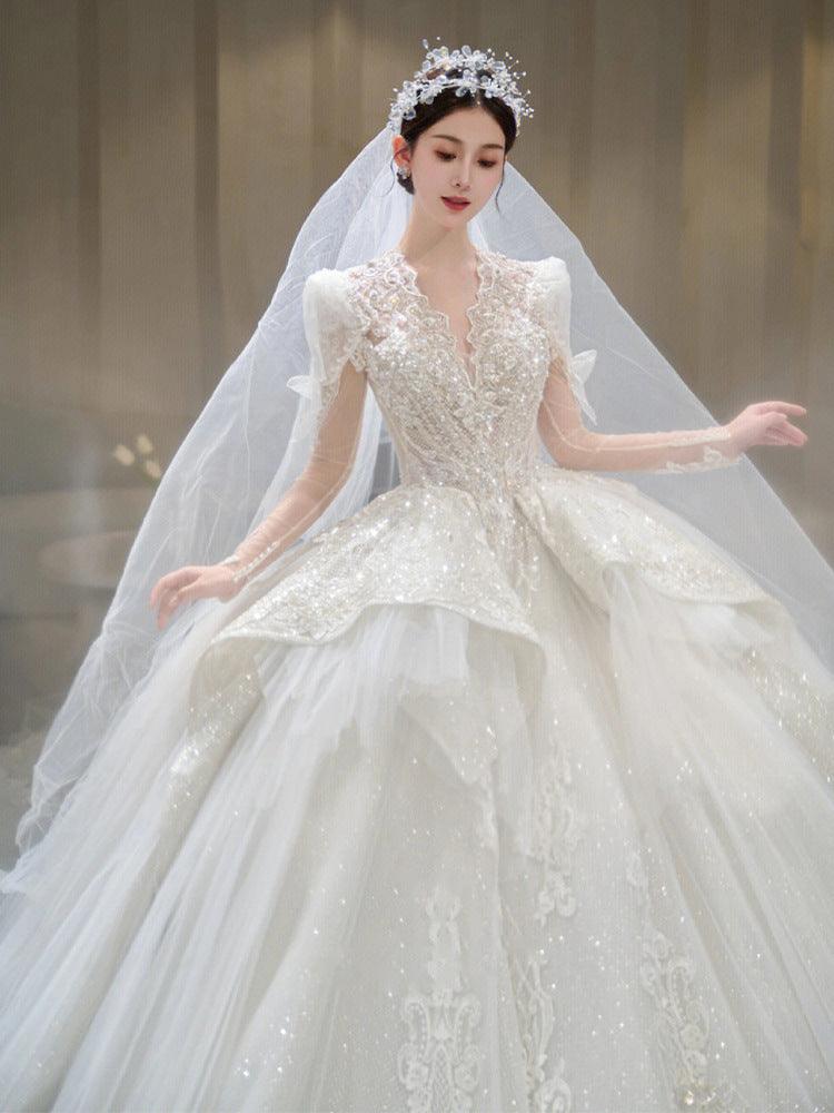 Bride Main Yarn Long Sleeve Heavy Dress - WOMONA.COM
